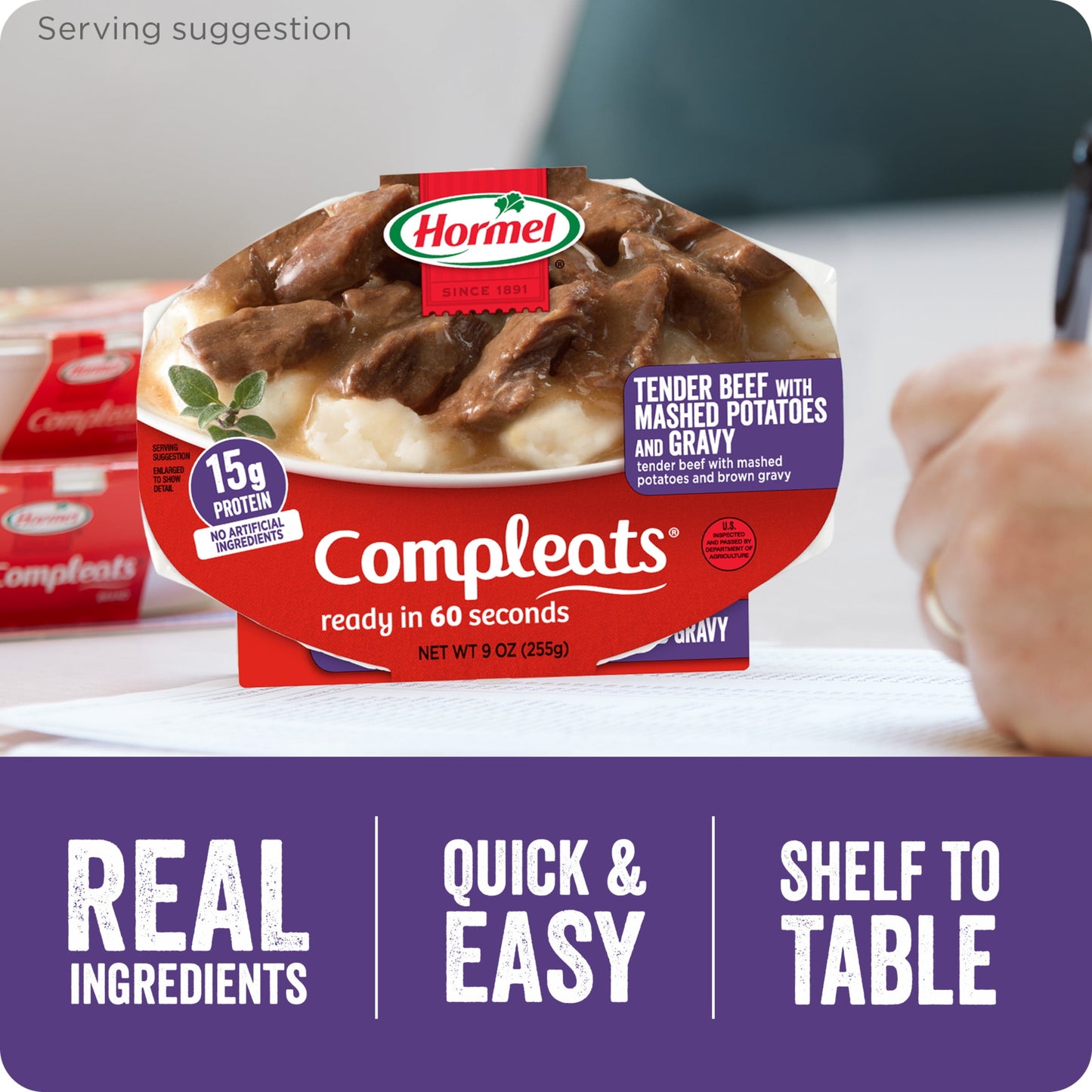 HORMEL COMPLEATS Tender Beef Tips with Mashed Potatoes & Gravy, Shelf Stable, 9 oz Plastic Tray