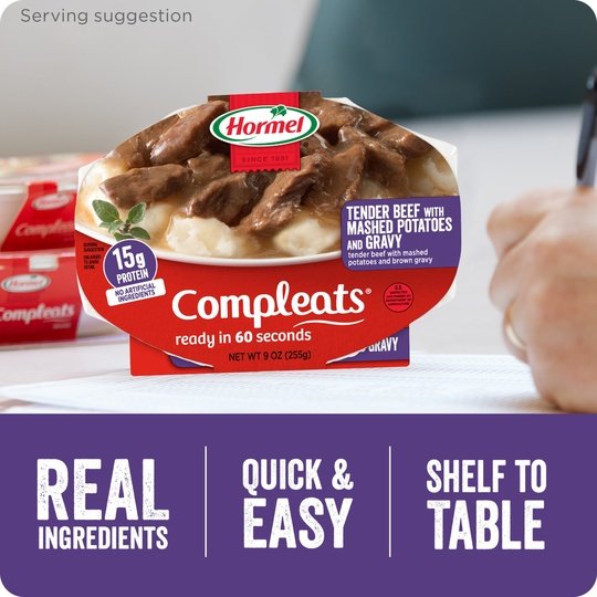 HORMEL COMPLEATS Tender Beef & Mashed Potatoes with Gravy, Shelf Stable, 9 oz Plastic Tray (6 Pack)