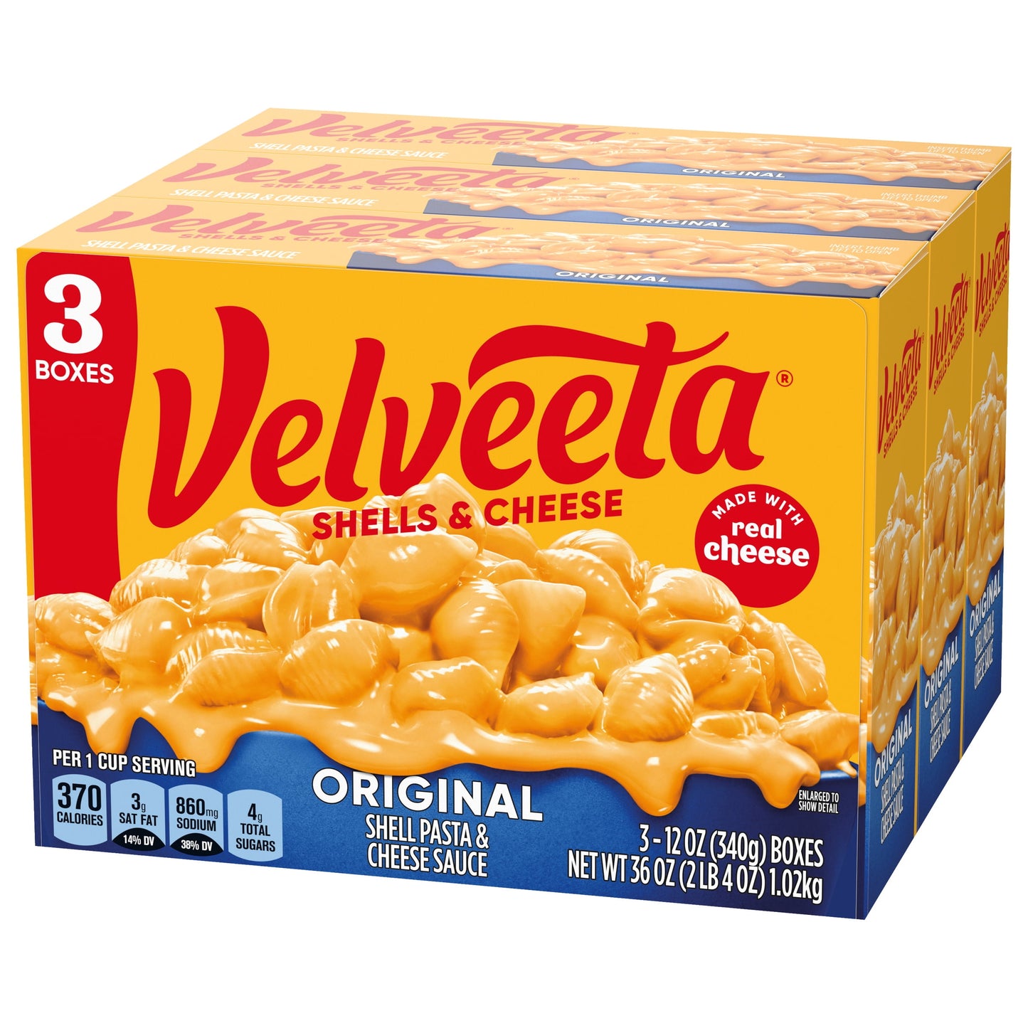 Velveeta Shells and Cheese Original Macaroni and Cheese Dinner, 3 ct Pack, 12 oz Boxes