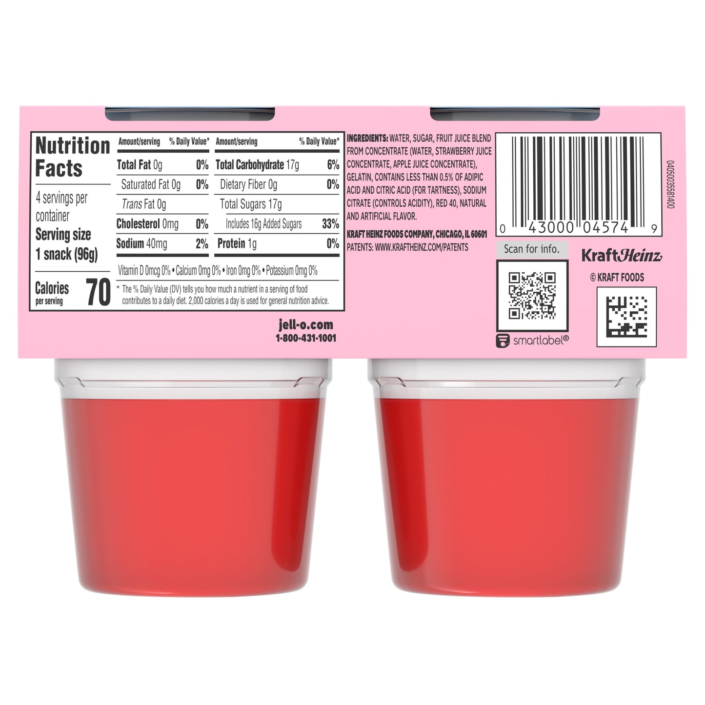 Jell-O Original Strawberry Jello Cups Gelatin Snack, 4 Ct Cups