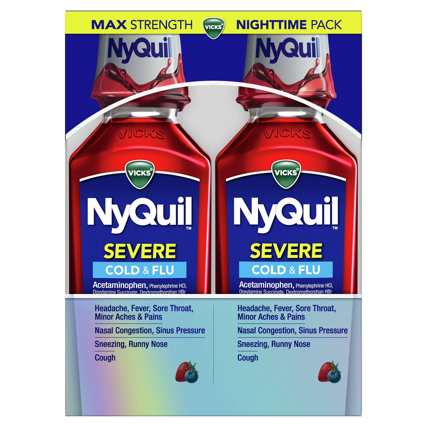 Vicks NyQuil Severe Cold & Flu Liquid, Nighttime Relief, over-the-Counter Medicine, Berry, 2x12 oz