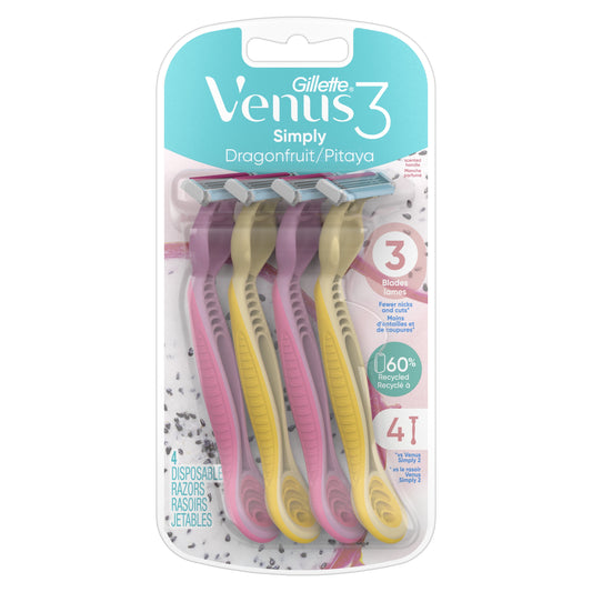 Gillette Venus Simply 3 Dragonfruit Women's Disposable Razor, 4 Count