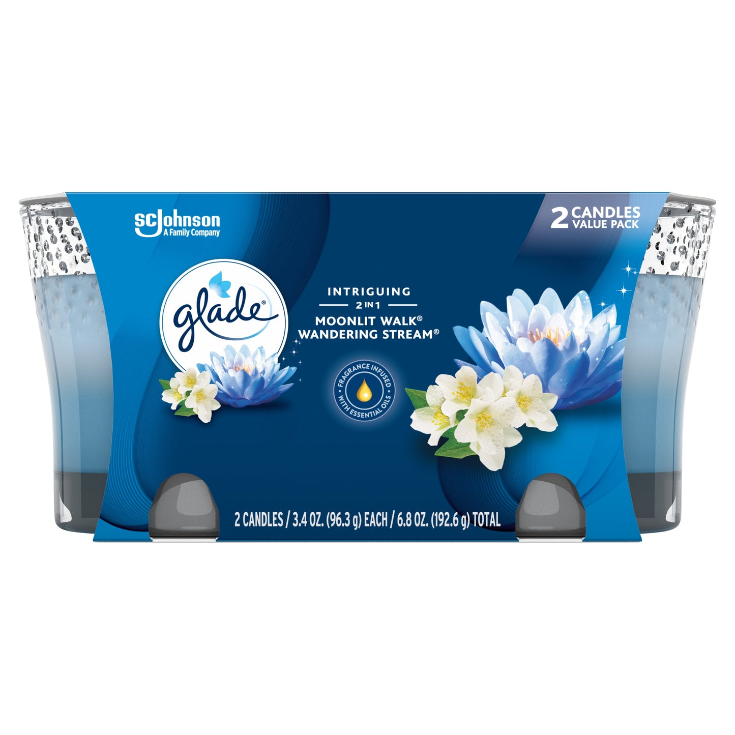 Glade Jar Candle 2 ct, Moonlit Walk & Wandering Stream, 3.4 oz Total, Air Freshener, Wax Infused with Essential Oils