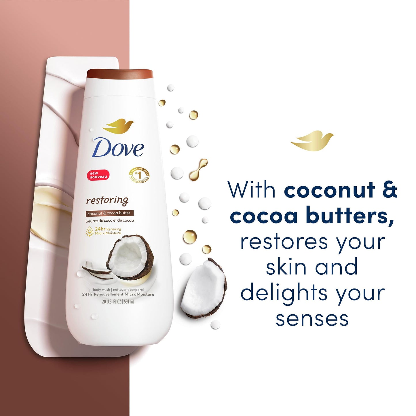 Dove Restoring Long Lasting Gentle Body Wash, Coconut and Cocoa Butter, 20 fl oz