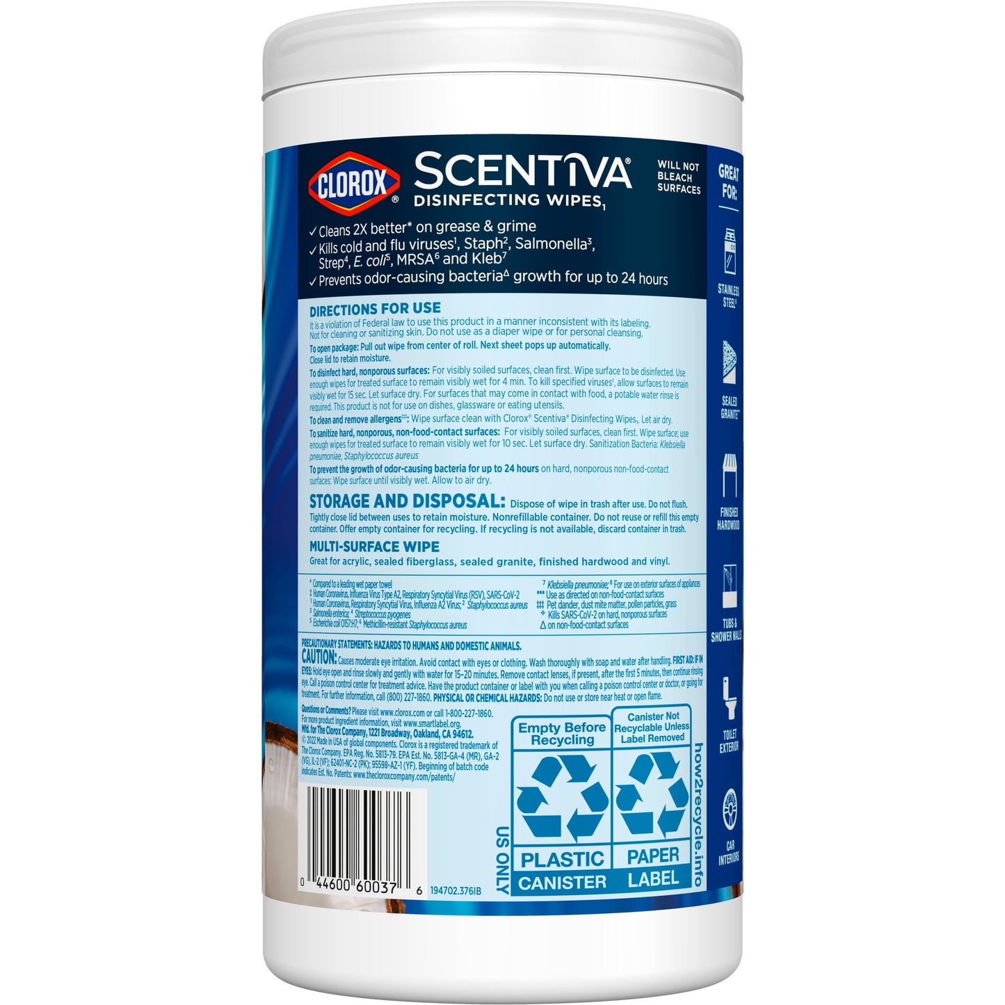 Clorox Scentiva Bleach-Free Cleaning Wipes, Coconut and Waterlily, 75 Count