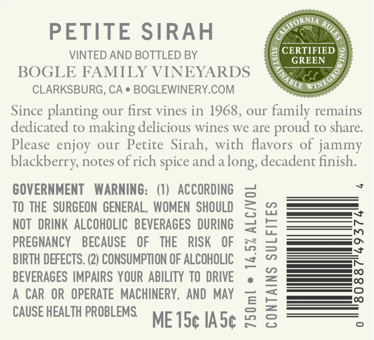 Bogle Petite Sirah Red Wine, California, 14.5% ABV, 750ml Glass Bottle, 5-150ml Servings