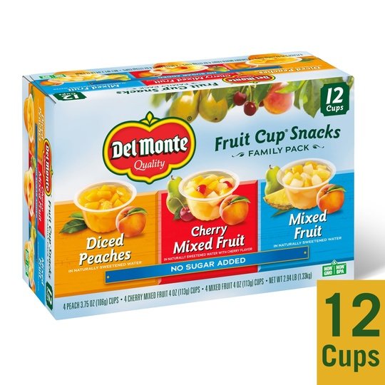 (12 Cups) Del Monte Fruit Cup Snacks, Family Pack, No Sugar Added, 4 oz