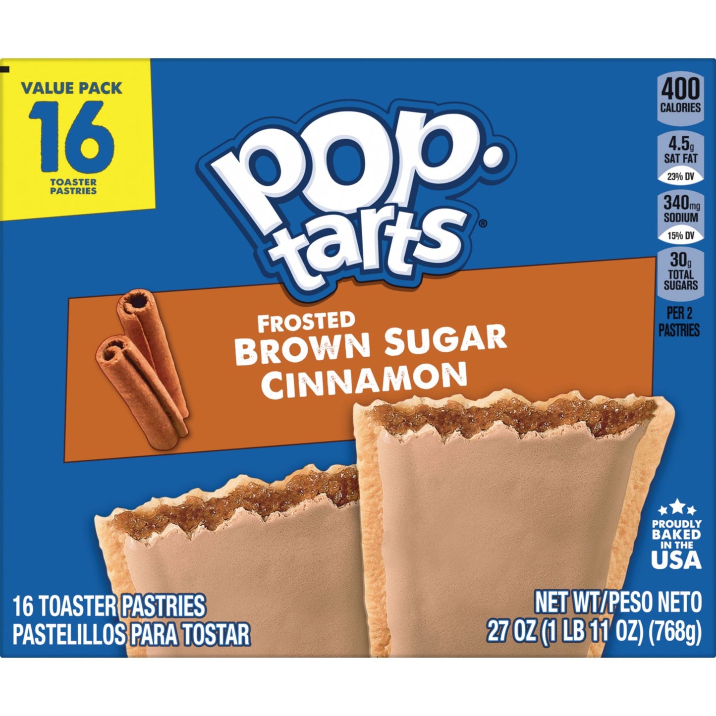 Pop-Tarts Frosted Brown Sugar Cinnamon Instant Breakfast Toaster Pastries, Shelf-Stable, Ready-to-Eat, 27 oz, 16 Count Box