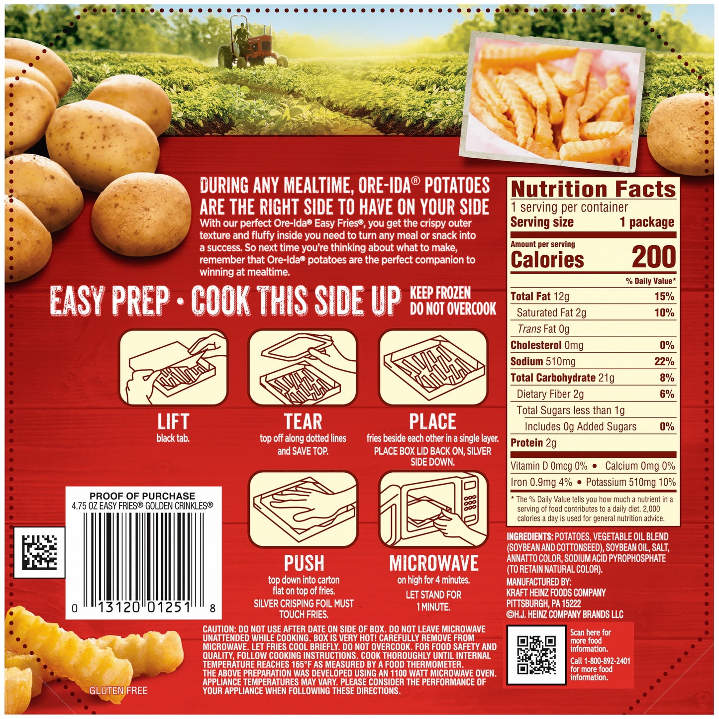 Ore-Ida Ready in 5 Extra Crispy Crinkle Cut Fries, French Fried Microwavable Frozen Potatoes, 4.75 oz Box