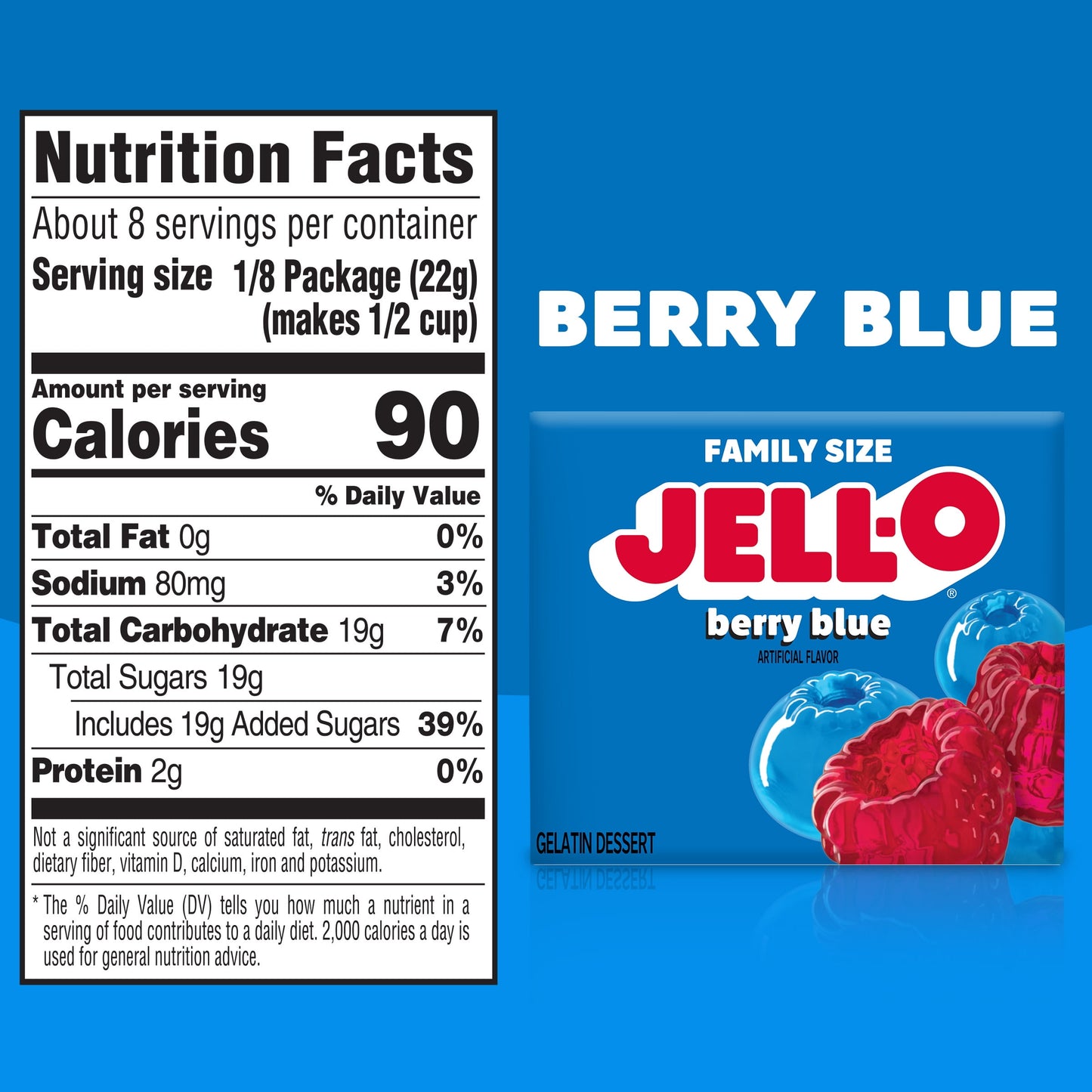 Jell-O Berry Blue Artificially Flavored Gelatin Dessert Mix, Family Size, 6 oz Box