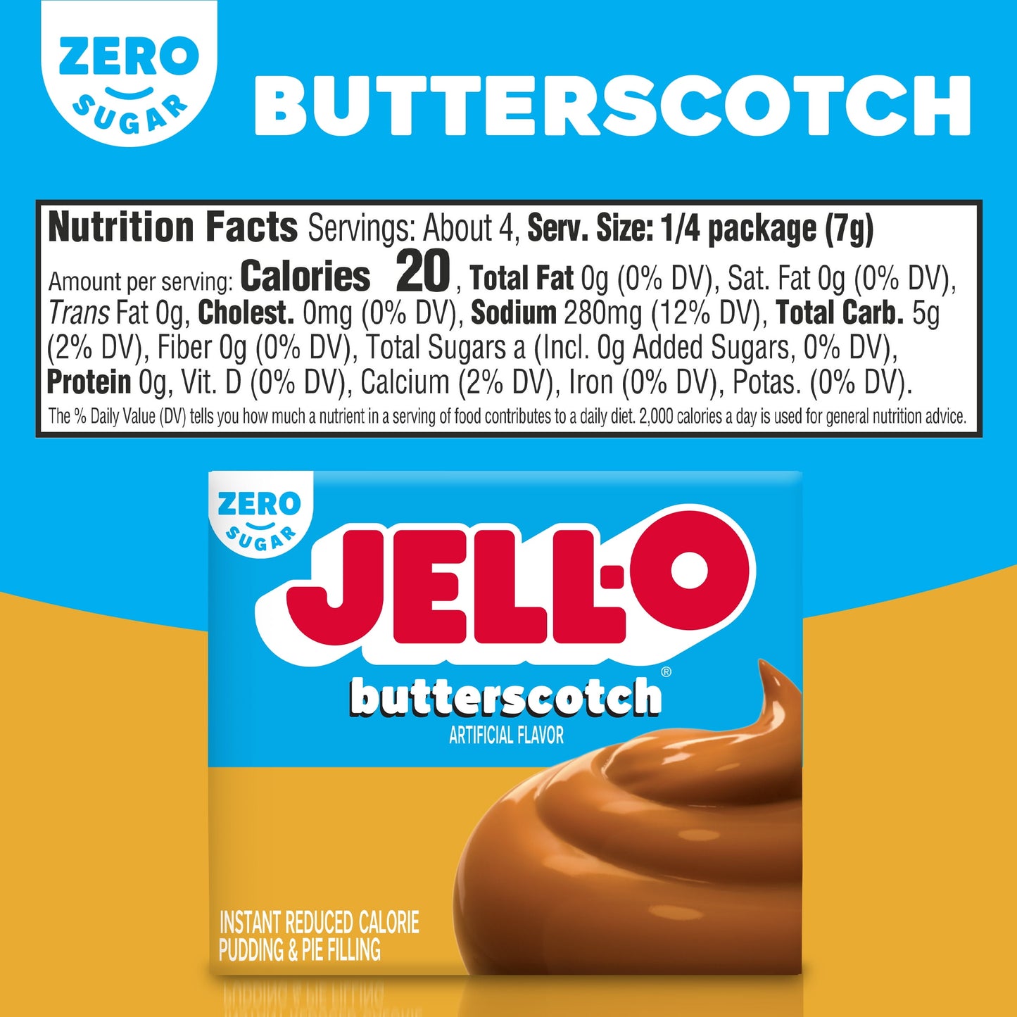 Jell-O Butterscotch Artificially Flavored Zero Sugar Instant Reduced Calorie Pudding & Pie Filling Mix, 1 oz Box
