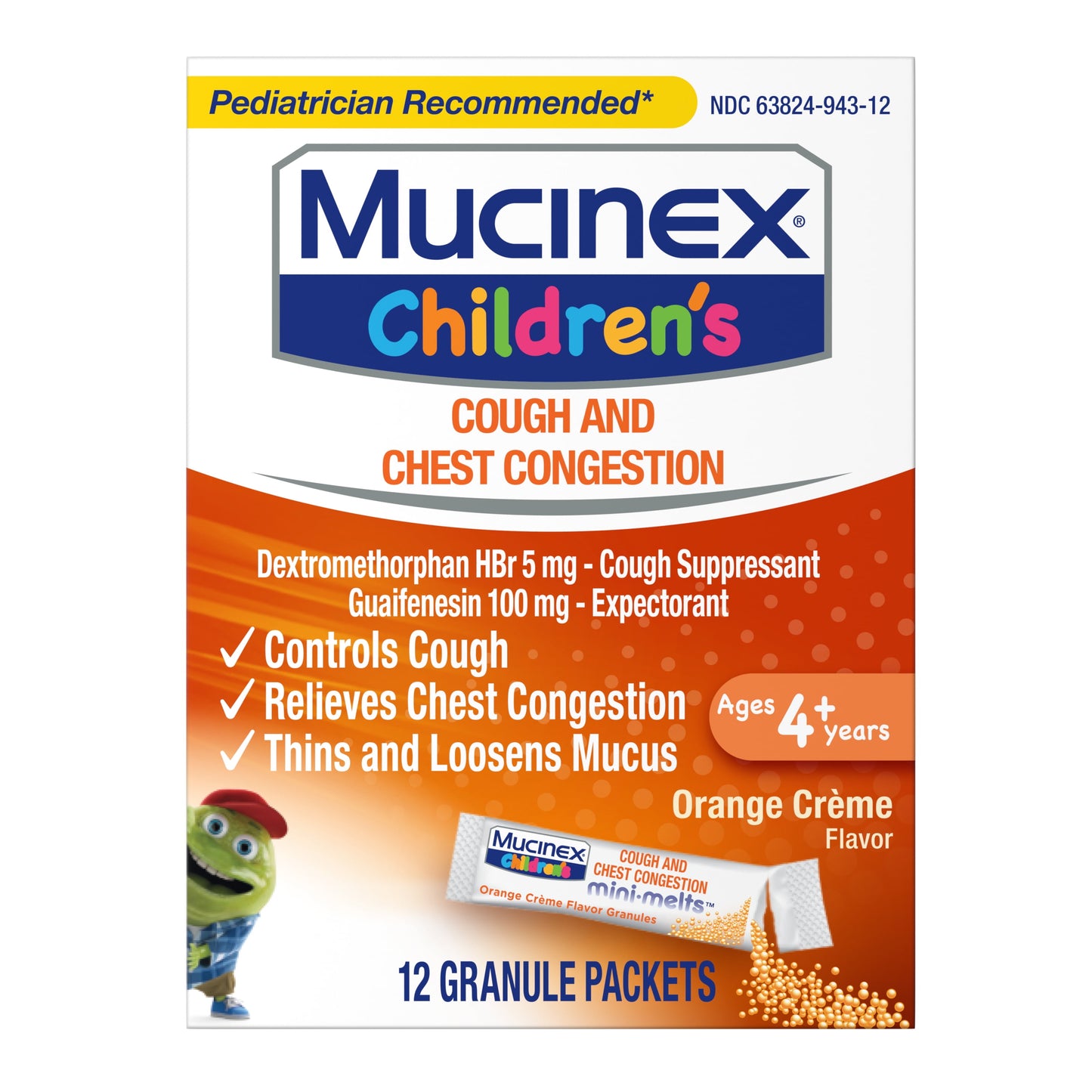 Mucinex Children's Cough Medicine, Chest Congestion Relief, Mini Melts, Orange Creme, 12 Count