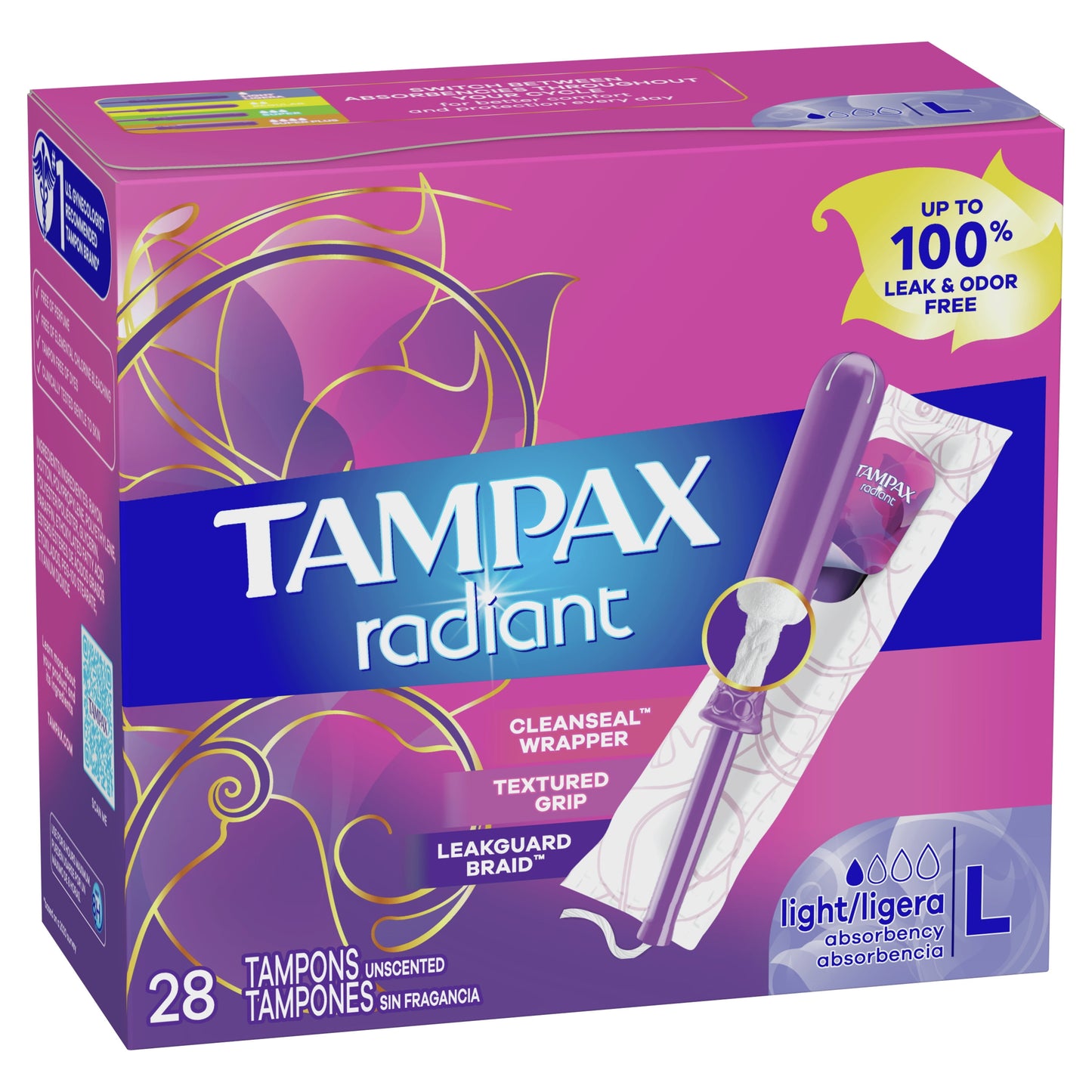 Tampax Radiant Tampons with LeakGuard Braid, Light Absorbency, 28 Count