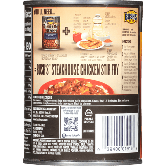 Bush's Steakhouse Recipe Grillin' Beans, Canned Beans in Sweet and Smoky Sauce, 22 oz