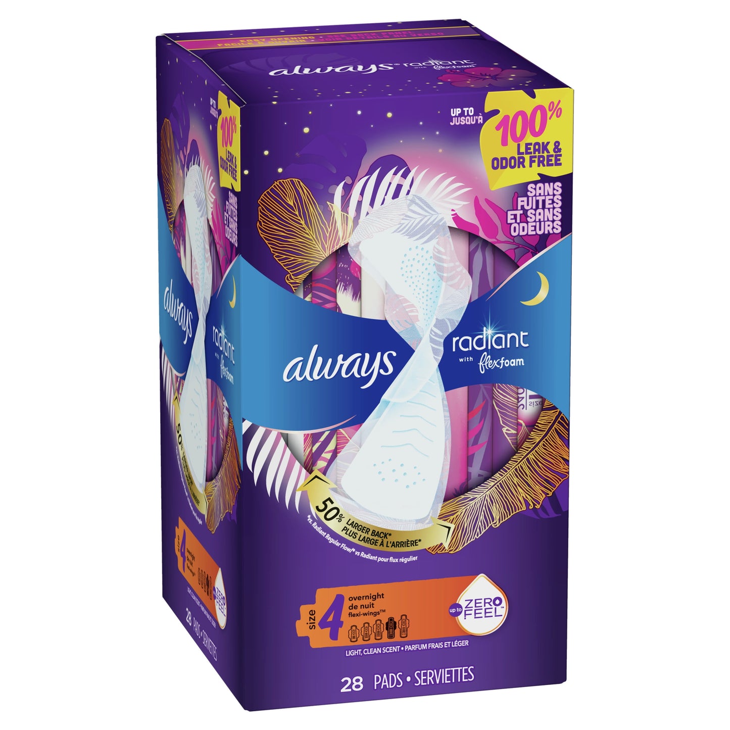 Always Radiant Feminine Pads with Wings, Size 4, Overnight Absorbency, Scented, 28 CT