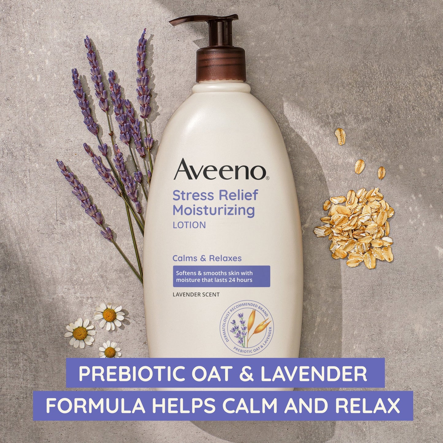 Aveeno Stress Relief Moisturizing Body and Hand Lotion with Prebiotic Oat, Lavender Scent, 18 oz