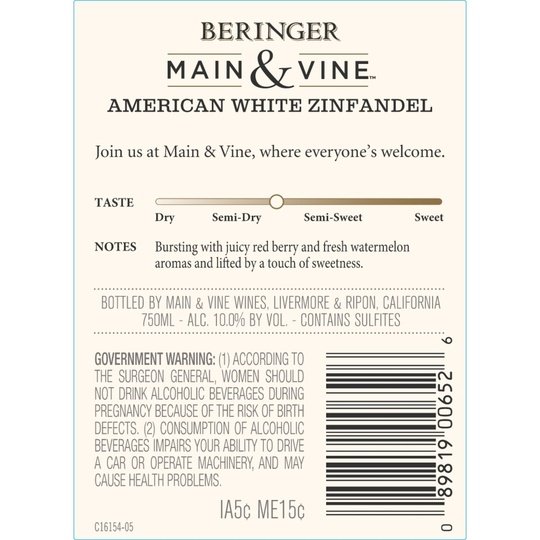Beringer Main & Vine White Zinfandel California Collection Rose Wine, 750 ml Glass, ABV 12.00%