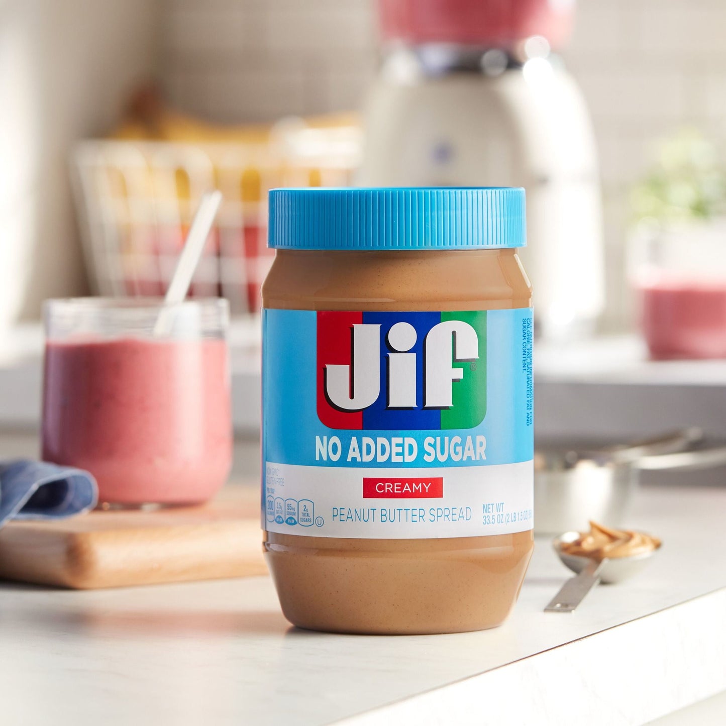 Jif No Added Sugar Creamy Peanut Butter Spread, 33.5 oz. - Smooth, Creamy Texture, No Stir Peanut Butter Spread