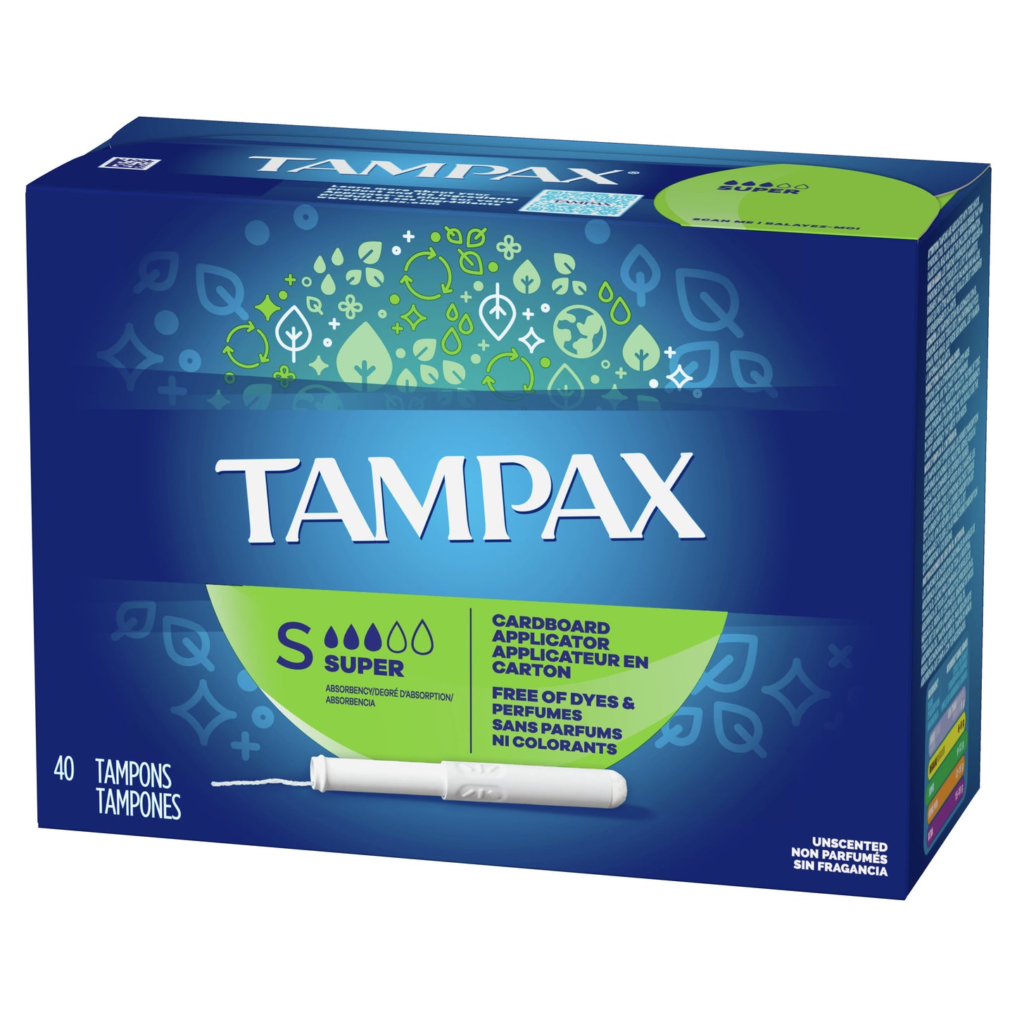 Tampax Cardboard Tampons Super Absorbency, Anti-Slip Grip, LeakGuard Skirt, Unscented, 40 Count