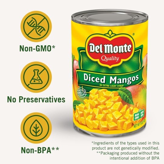 Del Monte Diced Mango, Extra Light Syrup, Canned Fruit, 15 oz Can