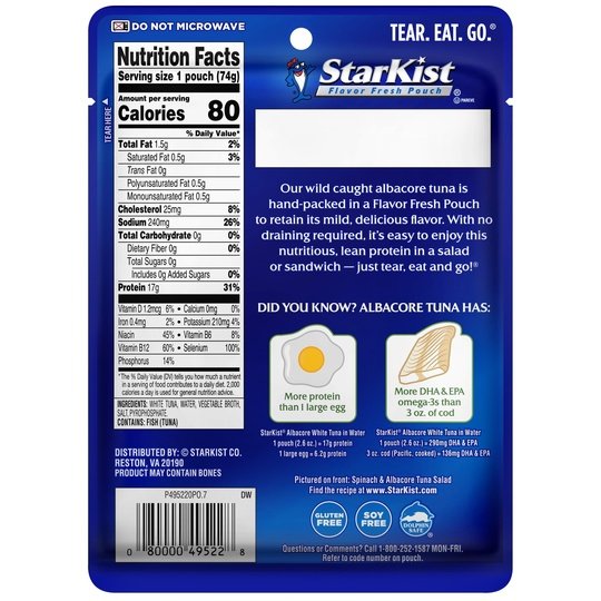 StarKist Albacore White Tuna in Water, 2.6 oz Pouch