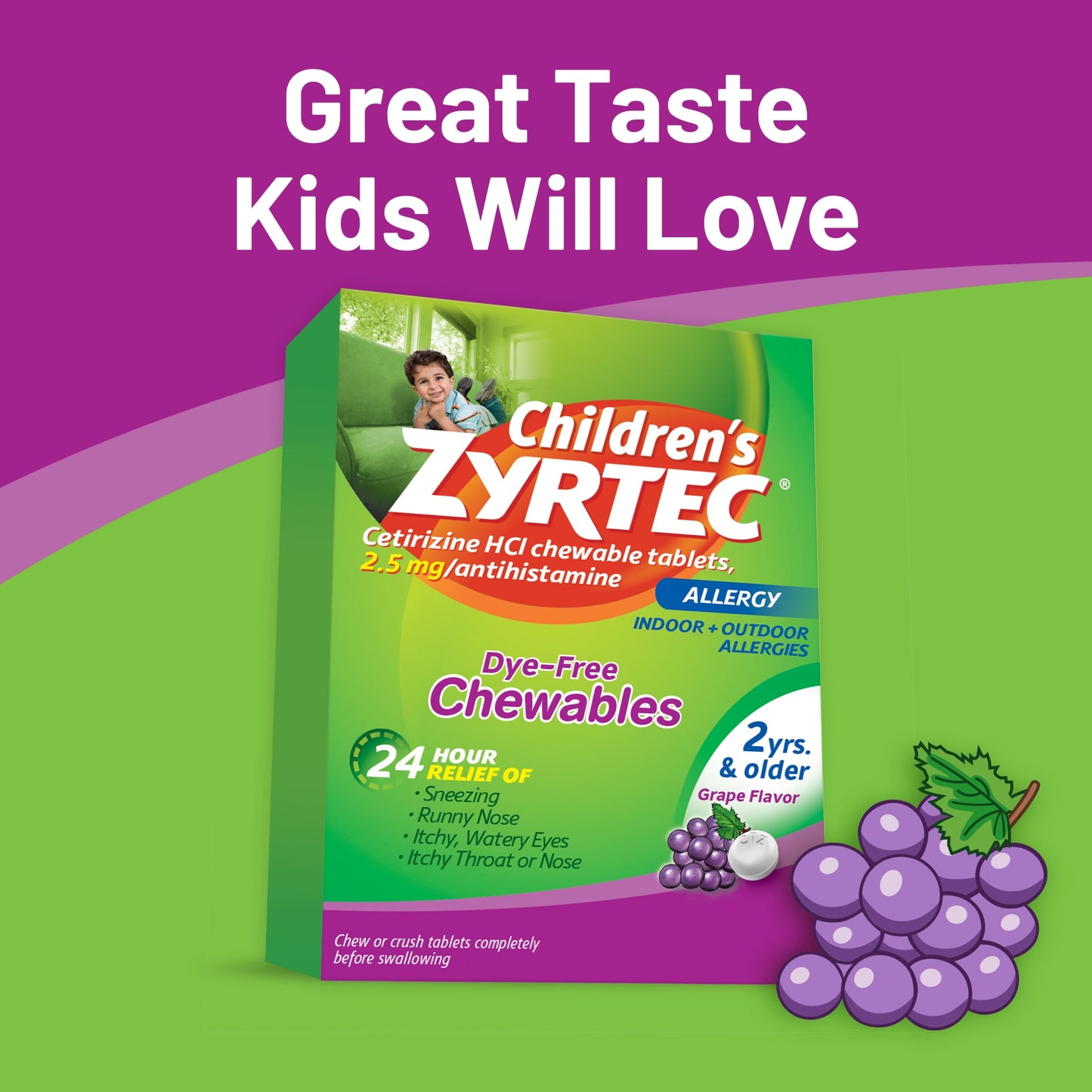 Zyrtec 24 Hour Children's Allergy Chews, 2+ yrs, 2.5 mg Grape, 24Ct