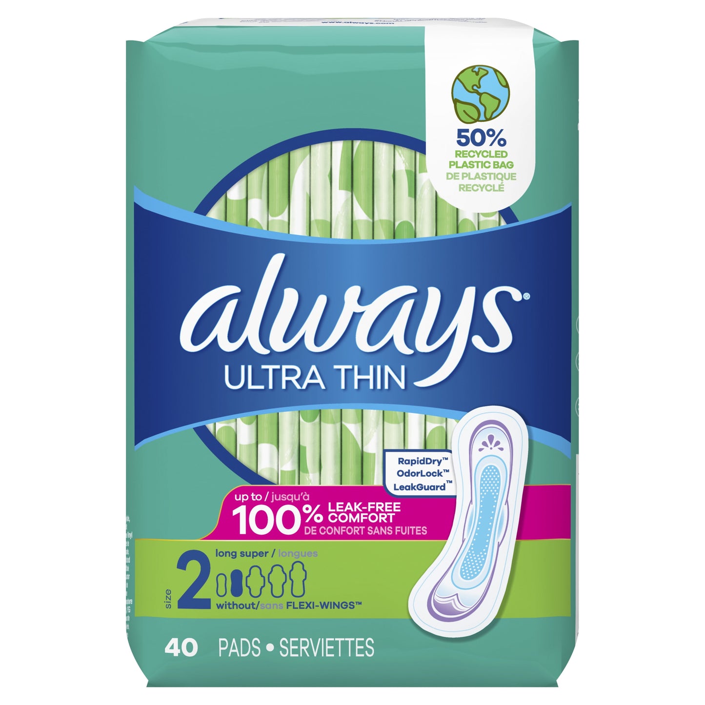 Always Ultra Thin Pads Without Wings, Size 2, Long Super Absorbency, 40 CT