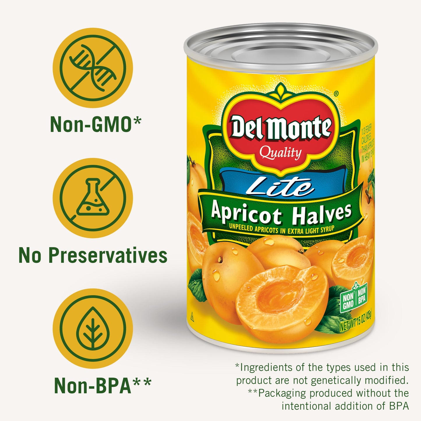 Del Monte Lite Apricot Halves, Canned Fruit, 15 oz Can