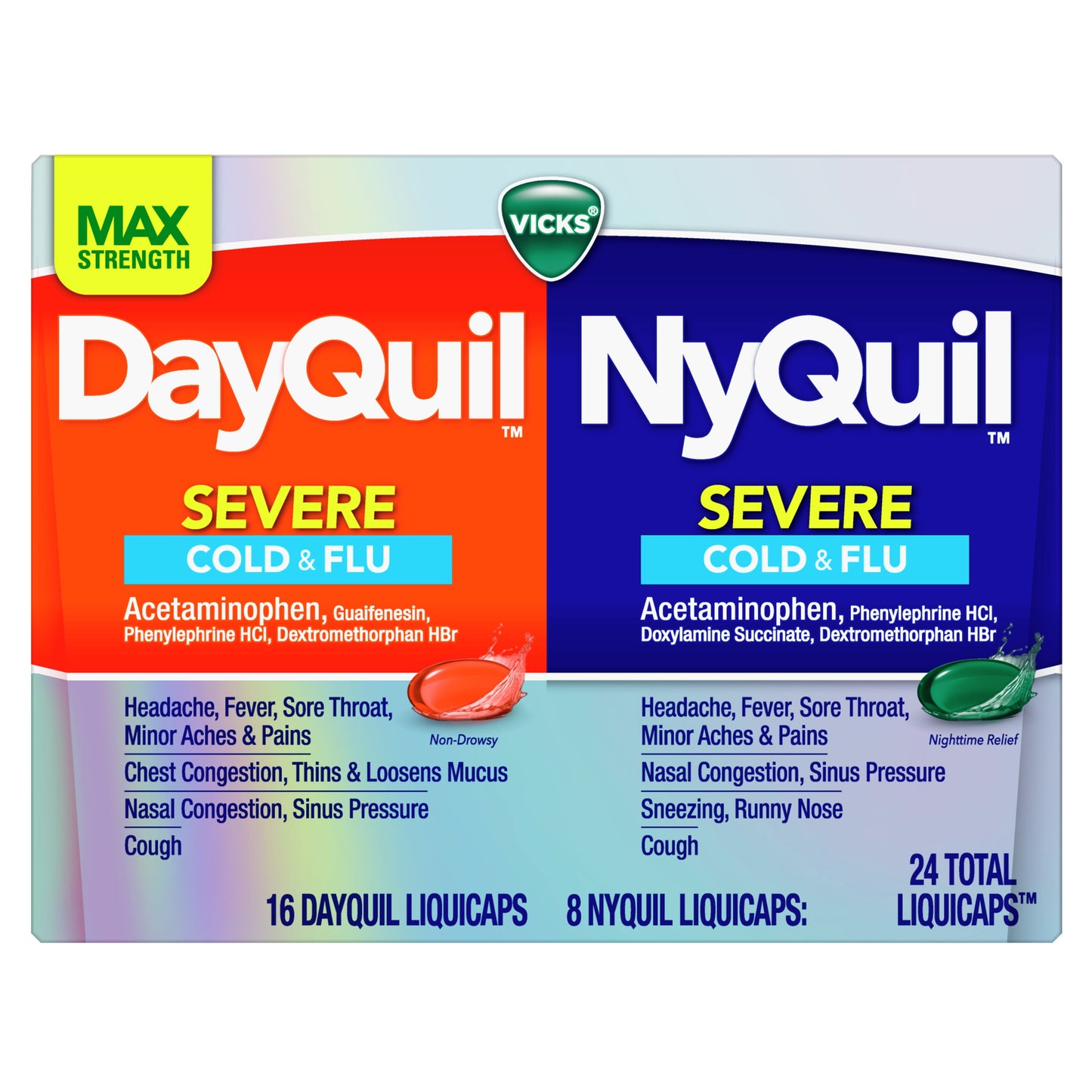 Vicks DayQuil and NyQuil Severe Cold and Flu Medicine Liquicaps, over-the-counter medicine, 24 Ct