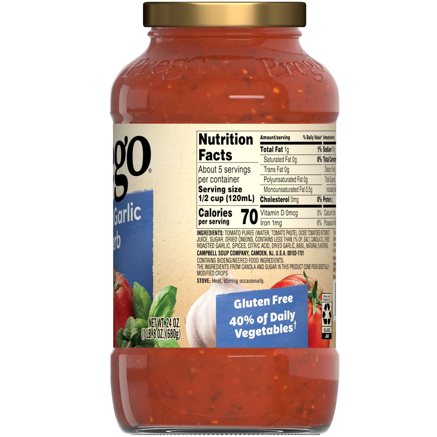 Prego Pasta Sauce, Italian Tomato Sauce with Roasted Garlic & Herbs, 24 oz Jar