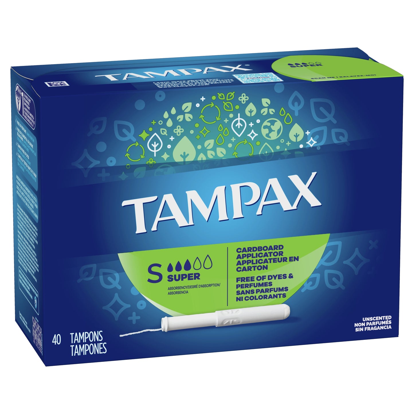 Tampax Cardboard Tampons Super Absorbency, Anti-Slip Grip, LeakGuard Skirt, Unscented, 40 Count