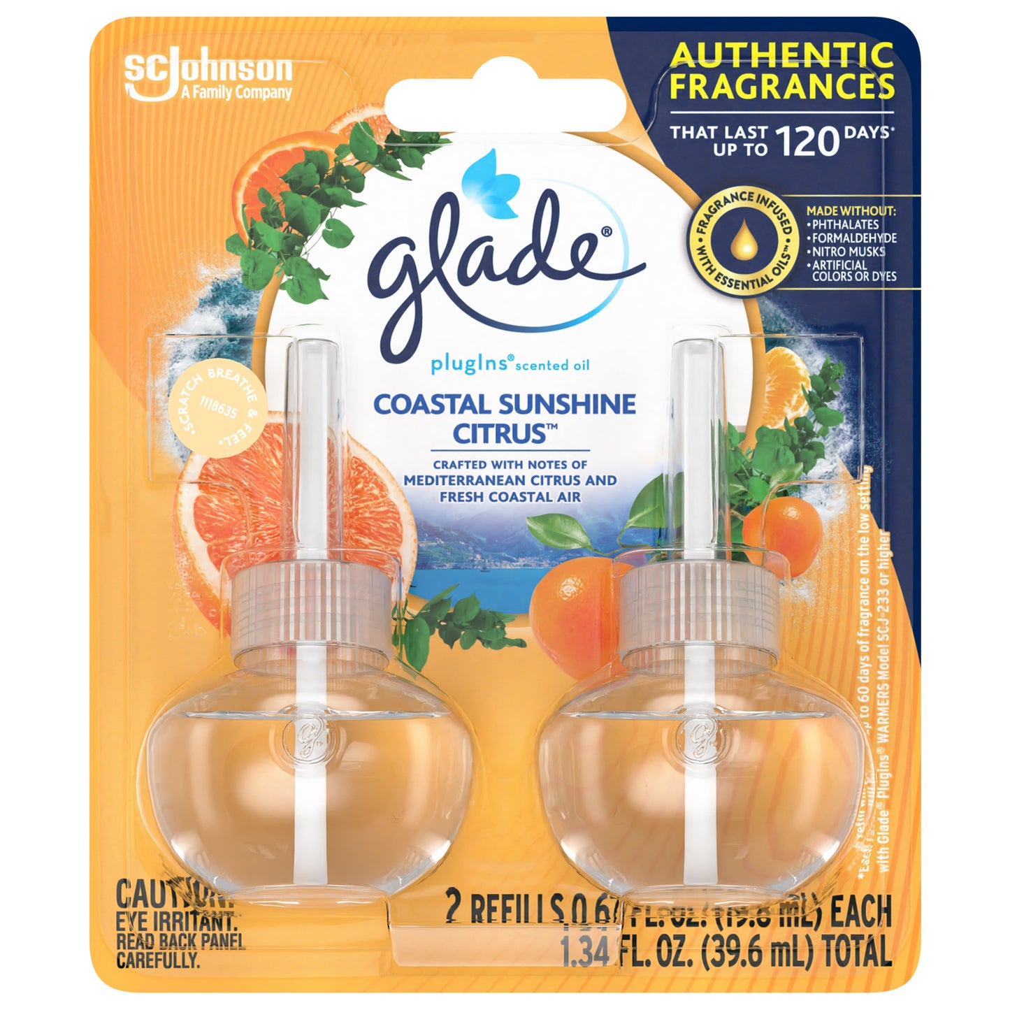 Glade PlugIns Scented Oil 2 Refills, Glade Plug in refills, Air Freshener, Coastal Sunshine Citrus™, 2 x 0.67 oz