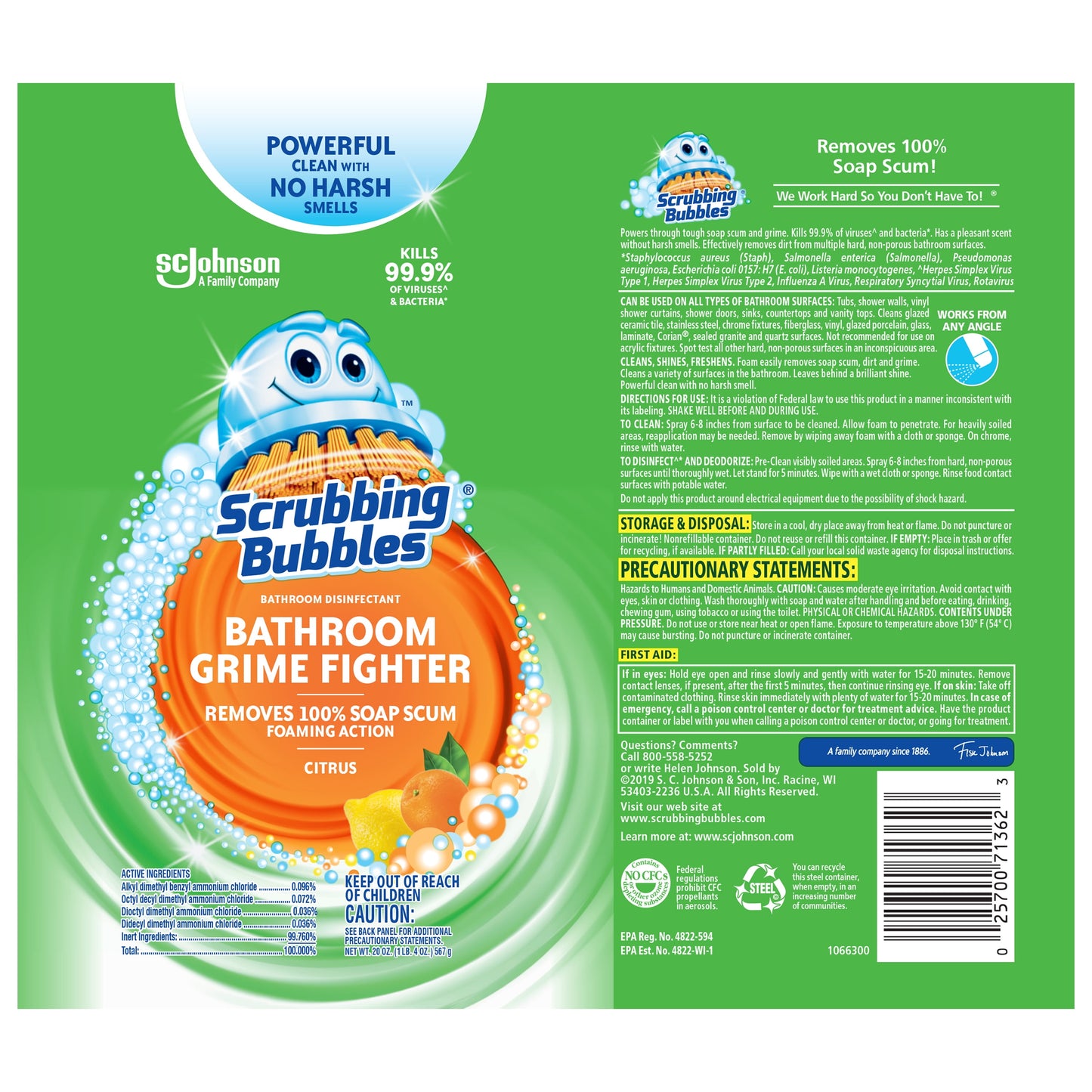 Scrubbing Bubbles Bathroom Grime Fighter Aerosol, Disinfectant Spray; Effective Tile, Bathtub, Shower and Overall Bathroom Cleaner (1 Aerosol Spray), Citrus, 20 Oz (Pack of 2)