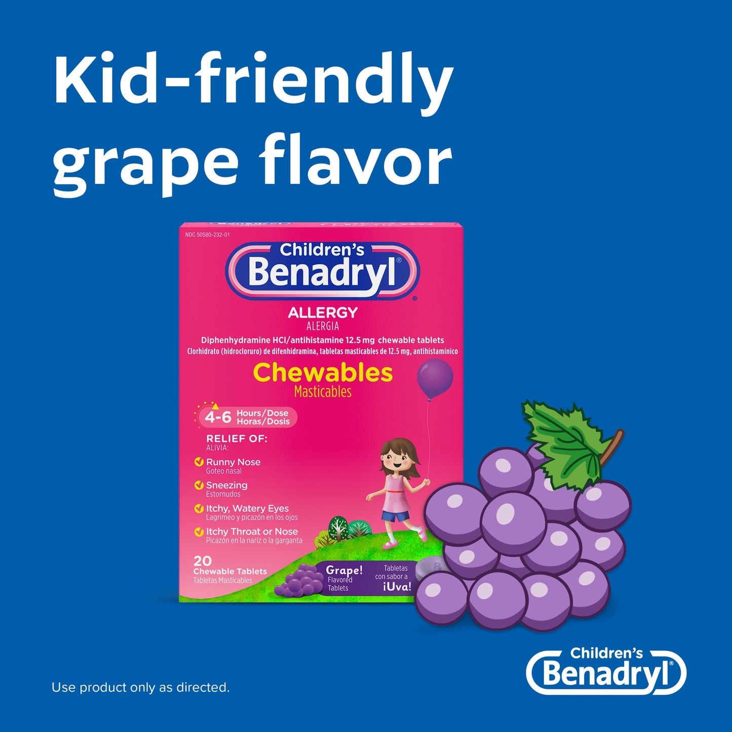 Children's Benadryl Allergy Relief Chewable Tablets, Grape, 20Ct