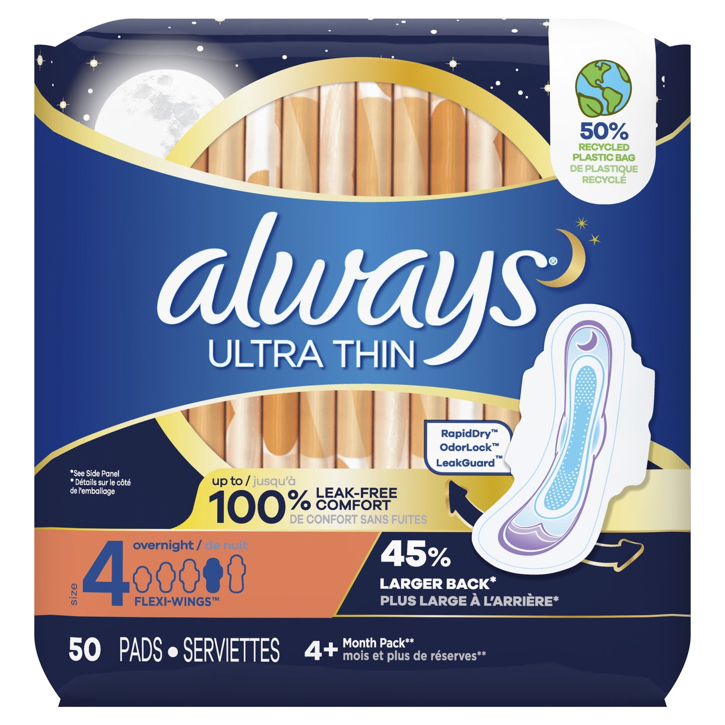 Always Ultra Thin Overnight Pads with Wings, Size 4, Overnight Absorbency, 50 CT