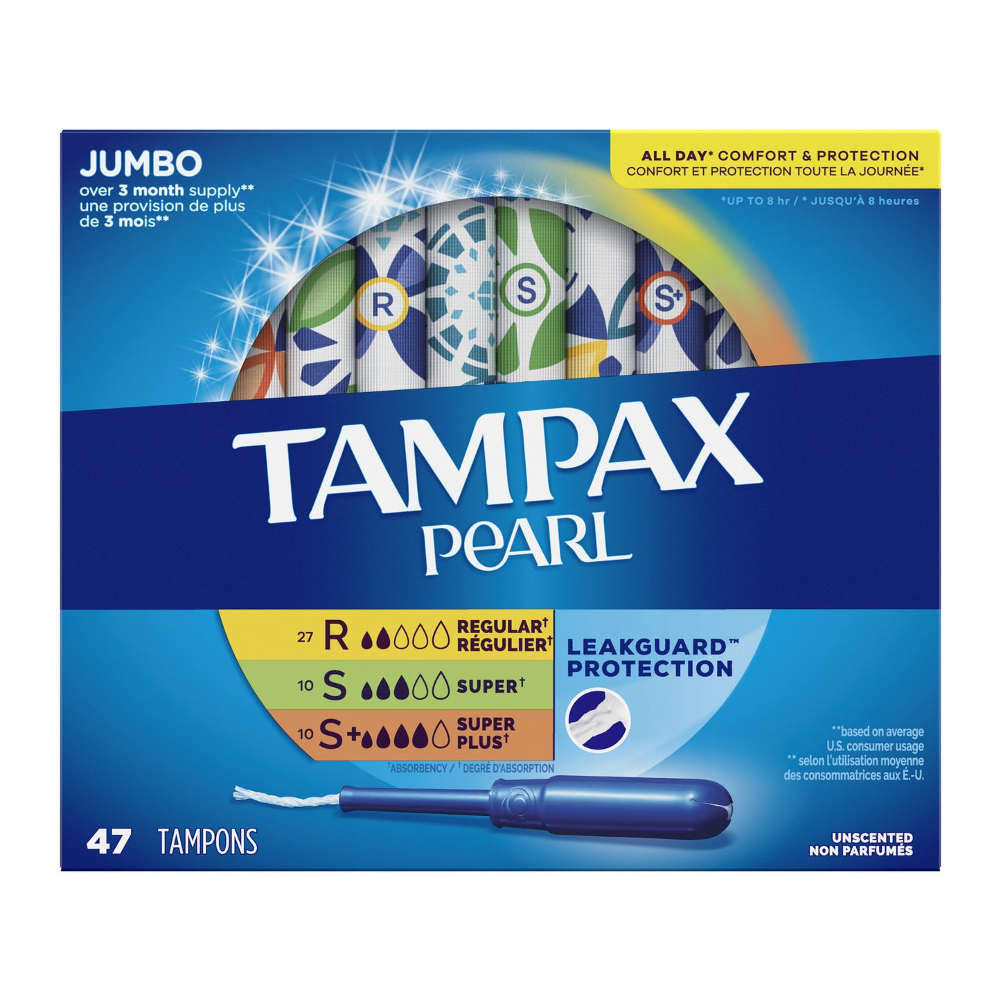 Tampax Pearl Tampons Trio Multipack with LeakGuard Braid, Regular/Super/Super Plus Absorbency, 47 Ct