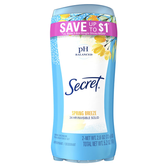 Secret Invisible Solid Antiperspirant and Deodorant, Spring Breeze, Twin Pack, 2.6 oz each