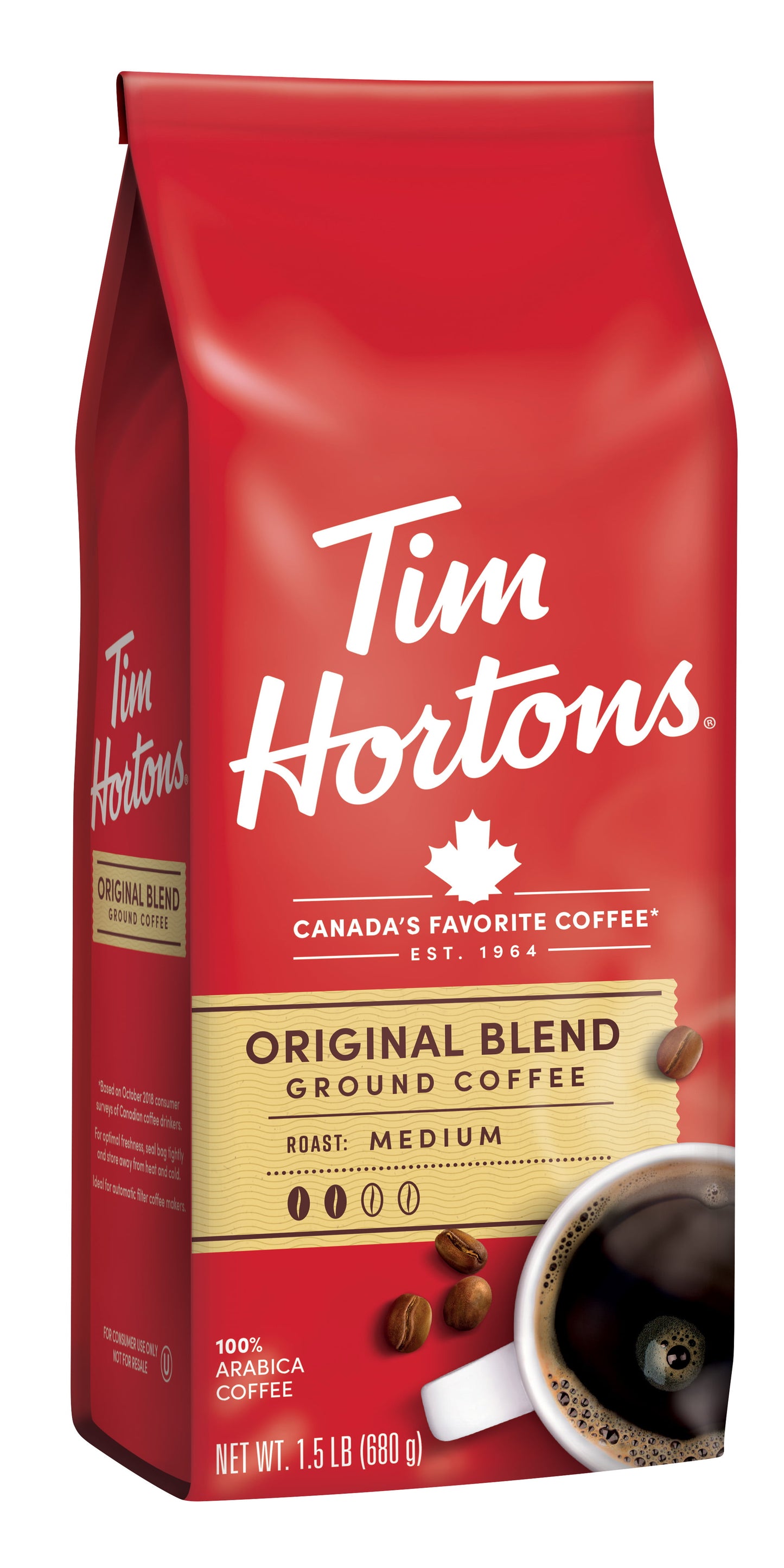 Tim Hortons 100% Arabica Original Blend Medium Roast Ground Coffee, 24 Oz, Bag