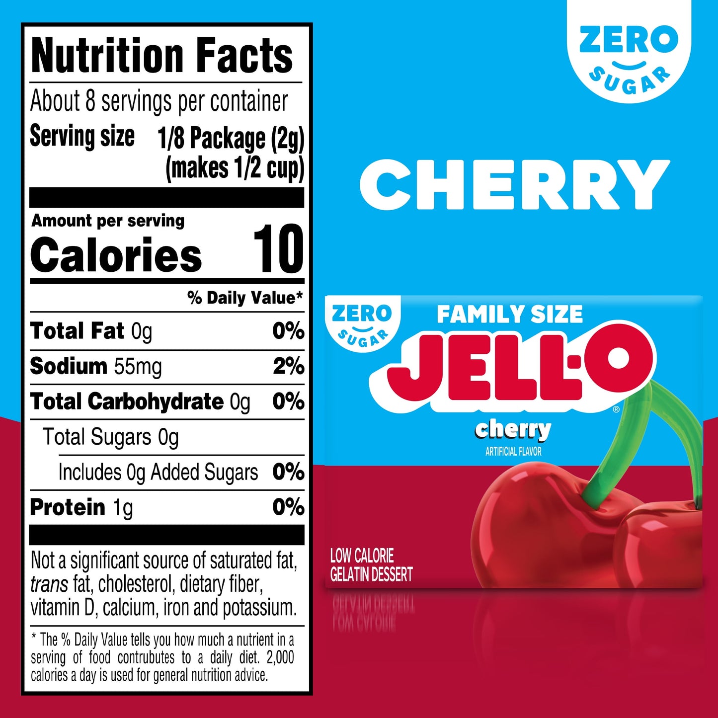 Jell-O Cherry Artificially Flavored Zero Sugar Low Calorie Gelatin Dessert Mix, Family Size, 0.6 oz Box