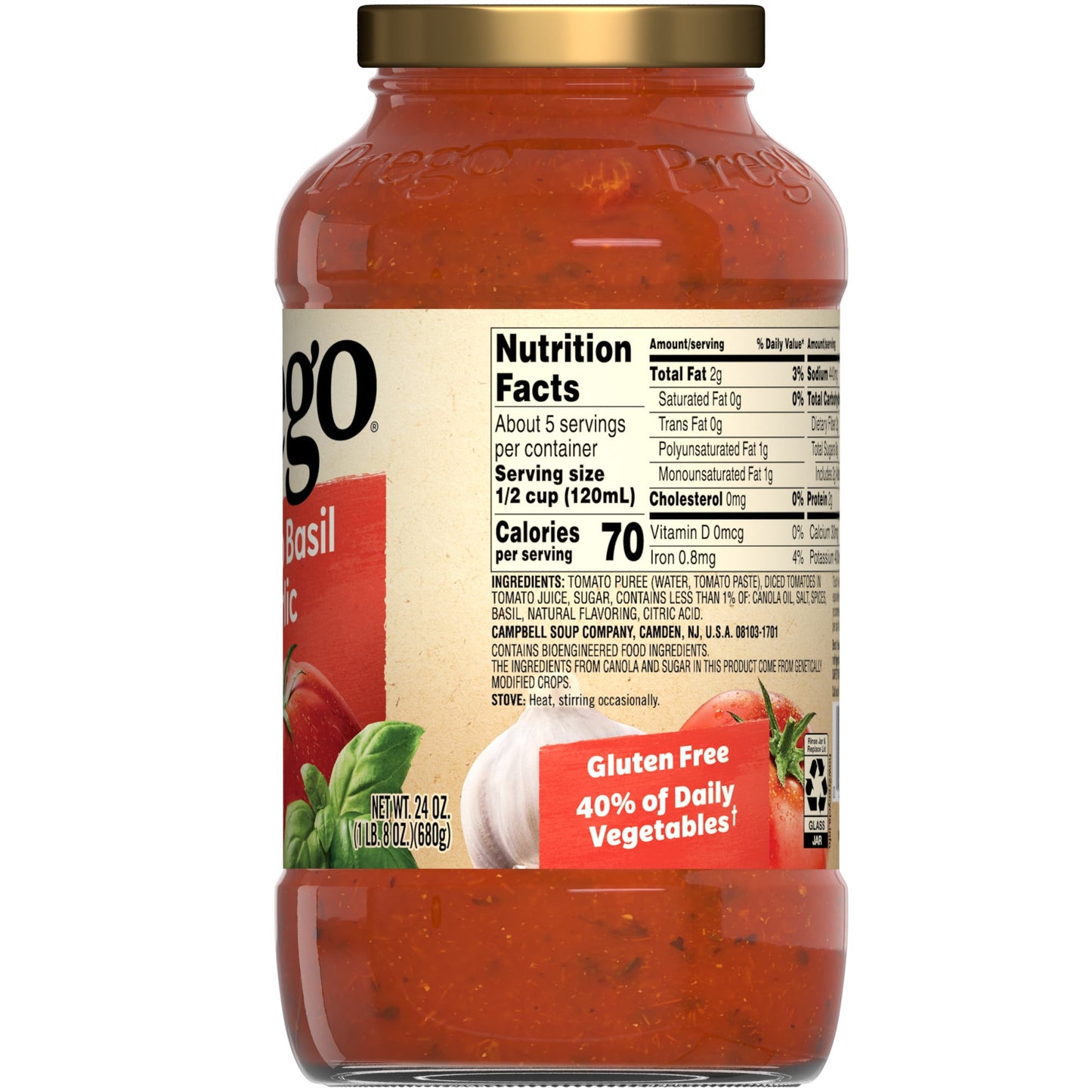 Prego Italian Tomato Sauce with Basil & Garlic, 24 oz Jar