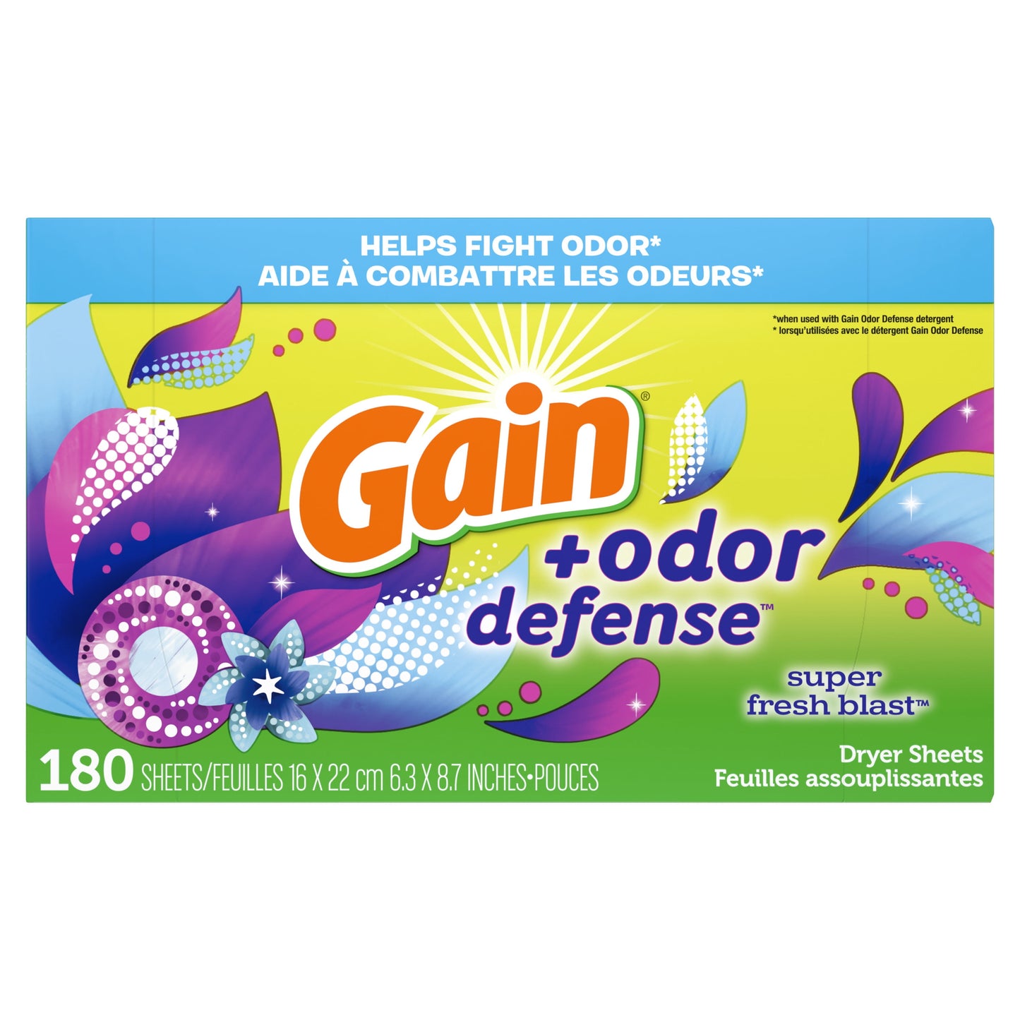 Gain + Odor Defense Dryer Sheets, Super Fresh Blast Scent, 180 Ct