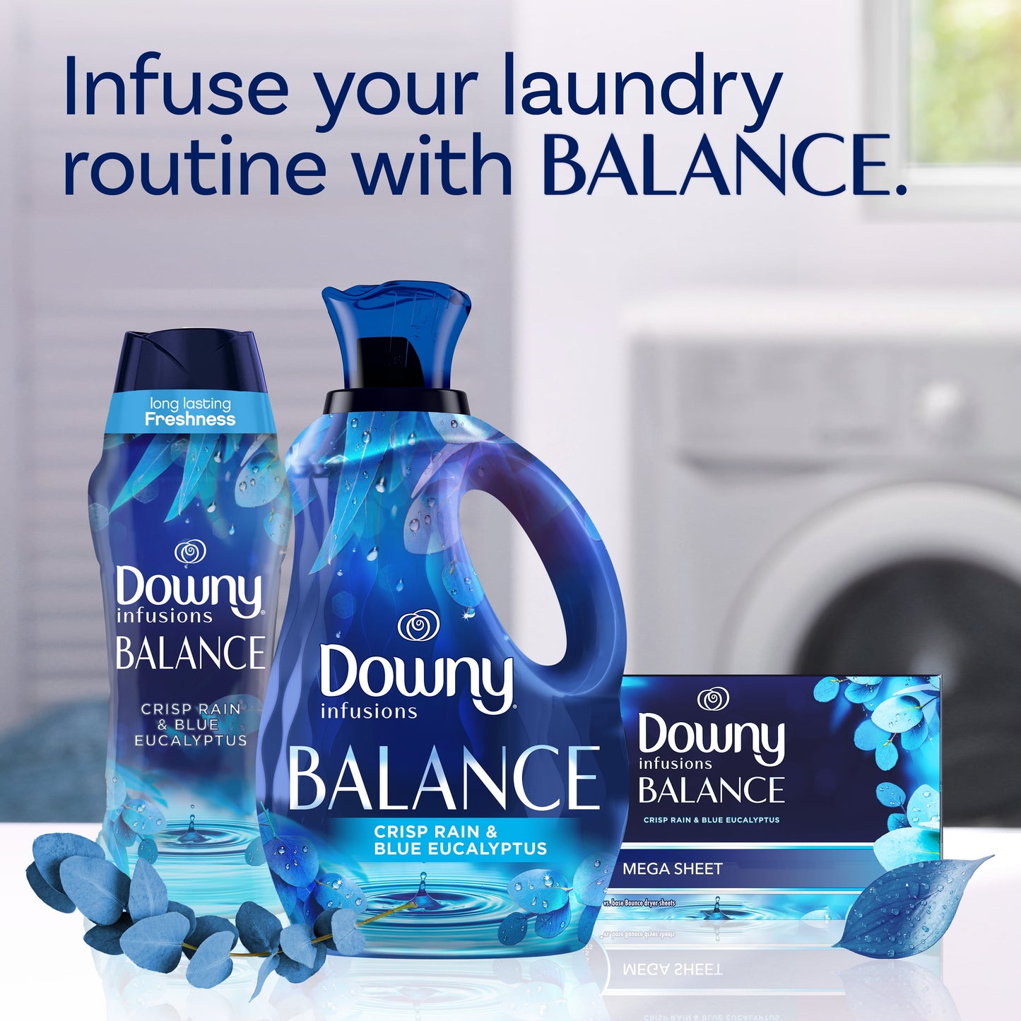 Downy Infusions Laundry Fabric Softener Liquid, BALANCE, Crisp Rain and Blue Eucalyptus, 101 fl oz