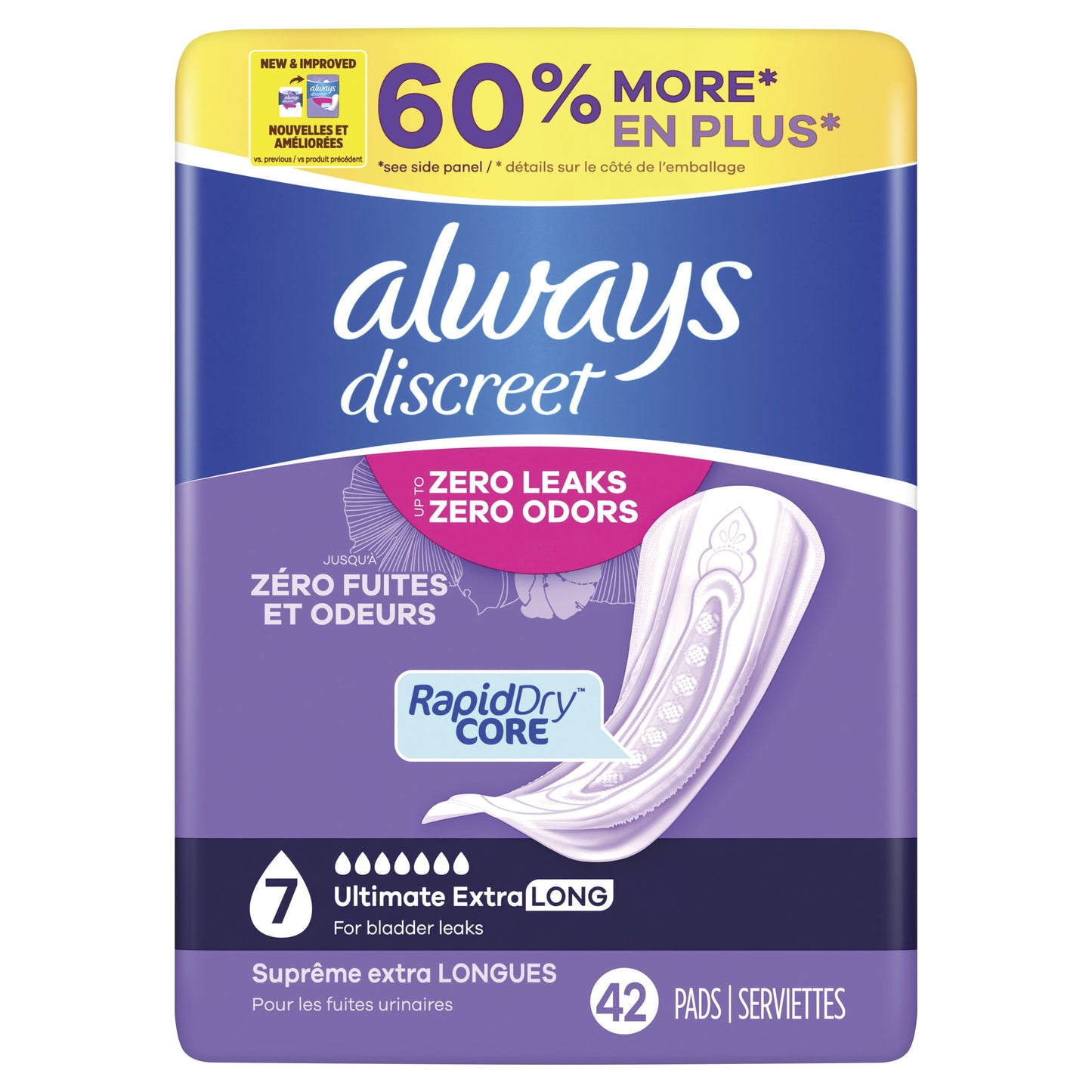 Always Discreet Incontinence Pads, Ultimate Extra Protect Absorbency, Regular Length, 42 CT