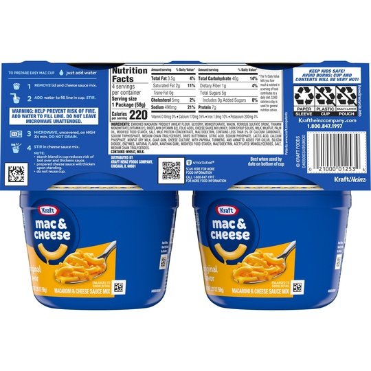 Kraft Original Mac N Cheese Macaroni and Cheese Cups Easy Microwavable Dinner, 4 ct Pack, 2.05 oz Cups