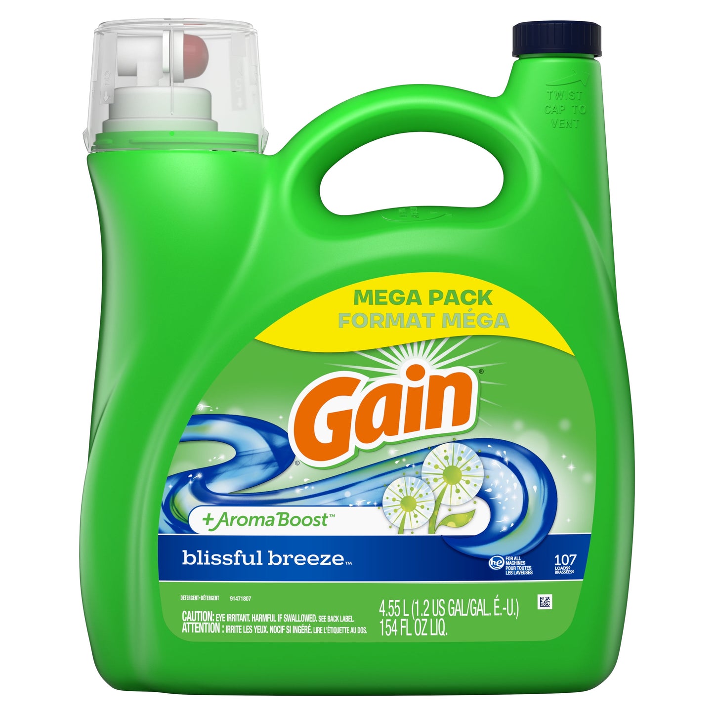 Gain + Aroma Boost Liquid Laundry Detergent, Blissful Breeze Scent, 107 Loads, 154 fl oz, HE Compatible