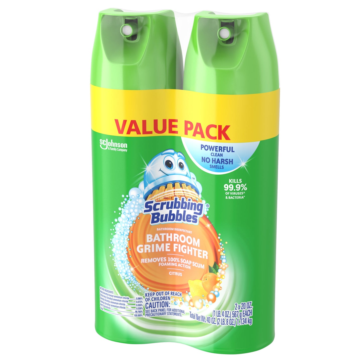 Scrubbing Bubbles Bathroom Grime Fighter Aerosol, Disinfectant Spray; Effective Tile, Bathtub, Shower and Overall Bathroom Cleaner (1 Aerosol Spray), Citrus, 20 Oz (Pack of 2)