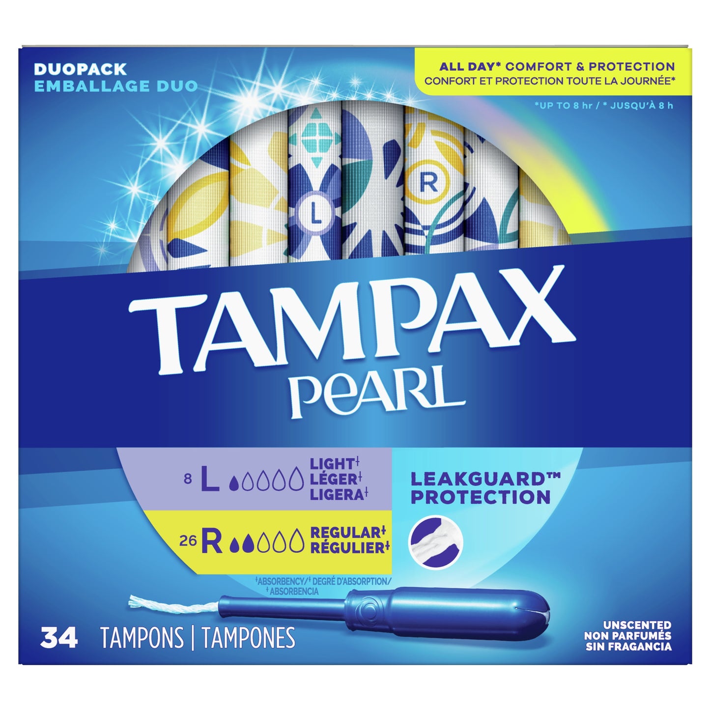 Tampax Pearl Tampons Duo Multipack with LeakGuard Braid, Light/Regular Absorbency, 34 Ct