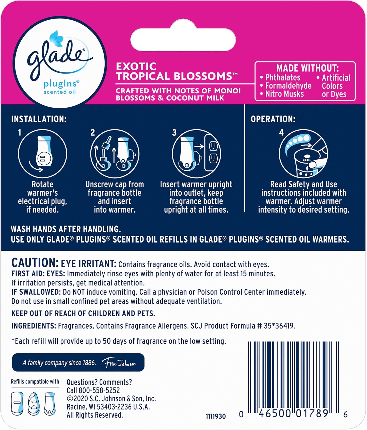 Glade PlugIns Refill 2 ct, Exotic Tropical Blossoms, 1.34 FL. oz. Total, Scented Oil Air Freshener Infused with Essential Oils