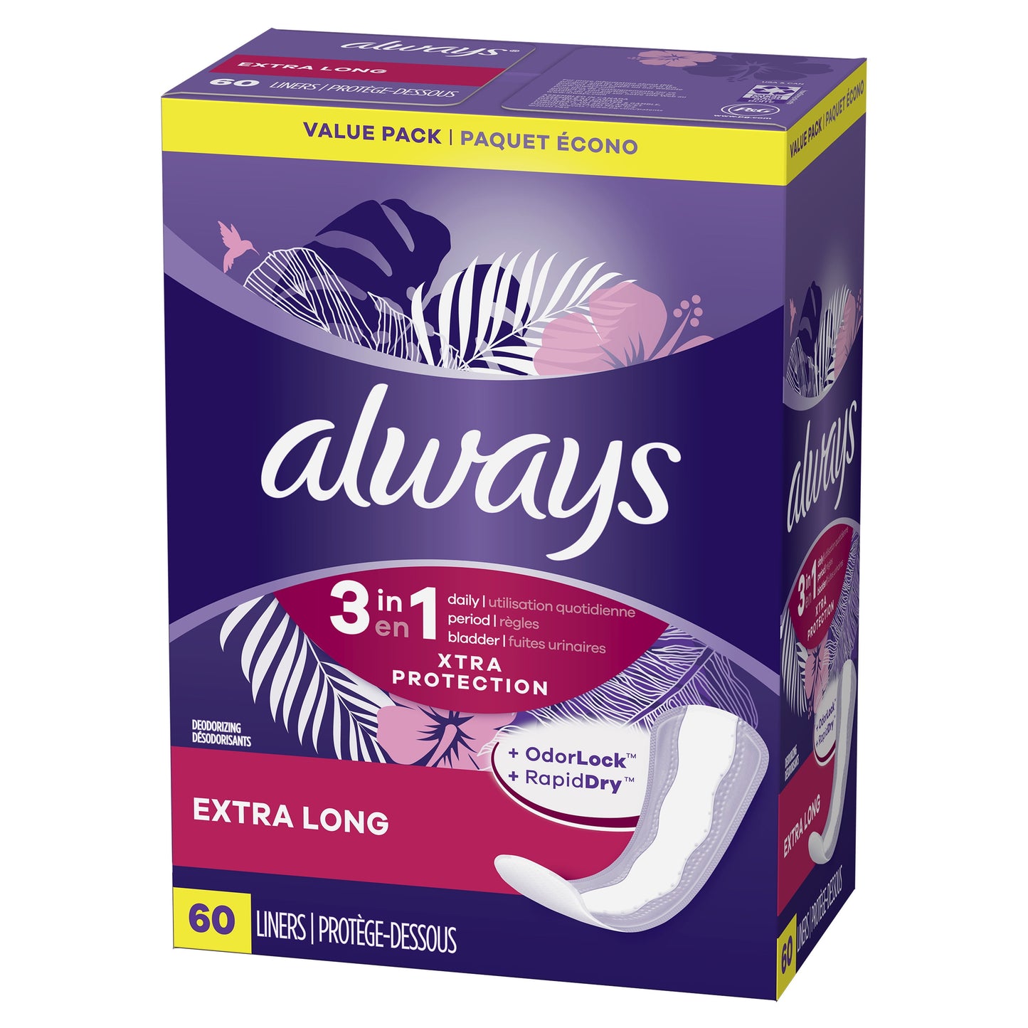 Always Xtra Protection 3-in-1 Daily Liners for Women, Extra Long Length, 60 CT