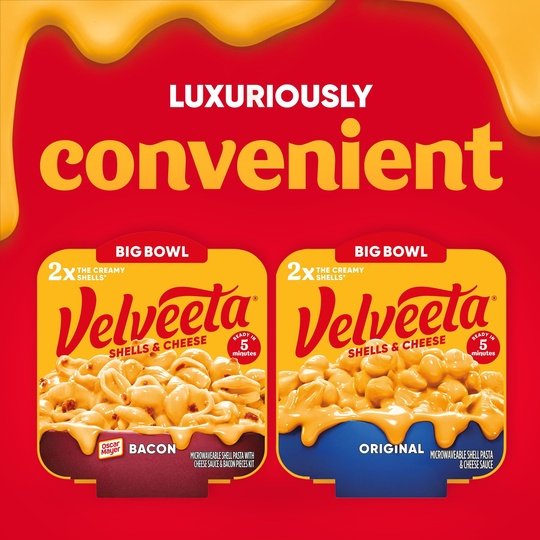 Velveeta Shells and Cheese Macaroni and Cheese Cups with Bacon Easy Microwavable Big Bowl Dinner, 5 oz Tray